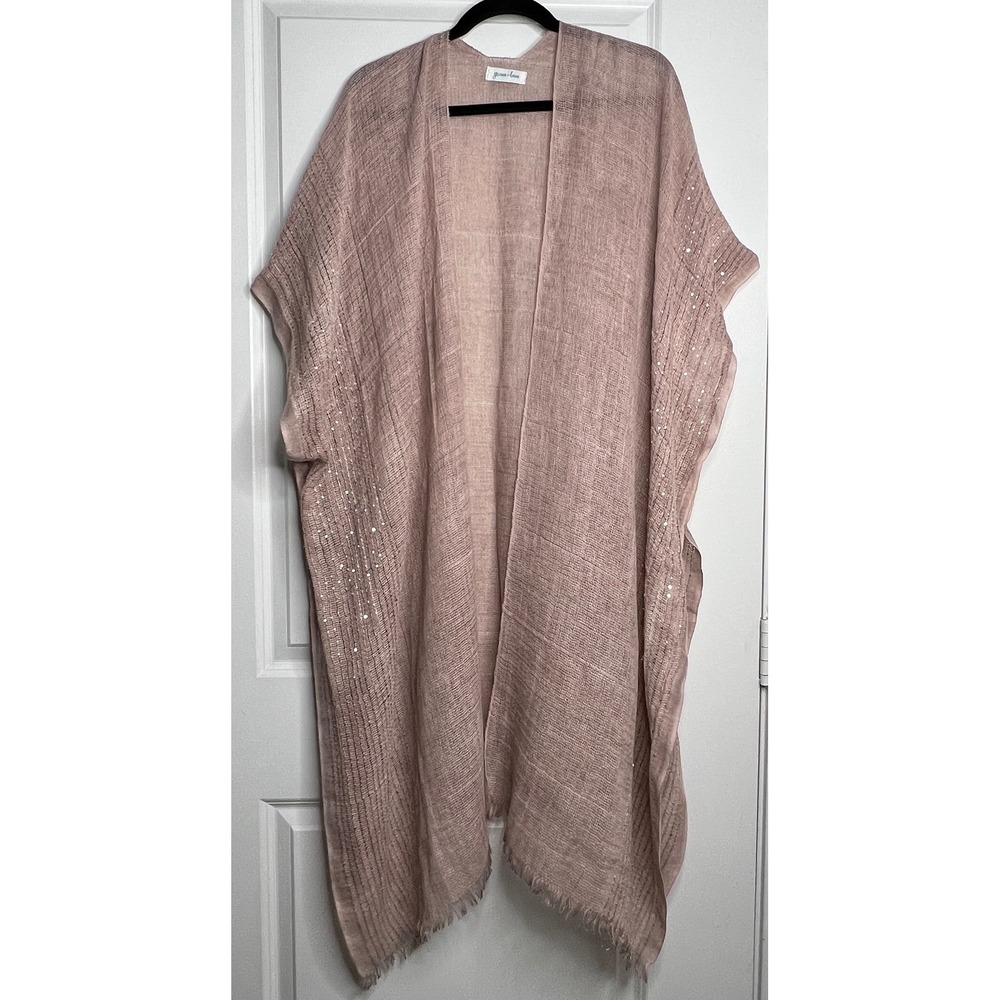Grace & Lace Kimono Cardigan One Size Dusty Pink Sequin Sheer Fringe Wrap Shawl